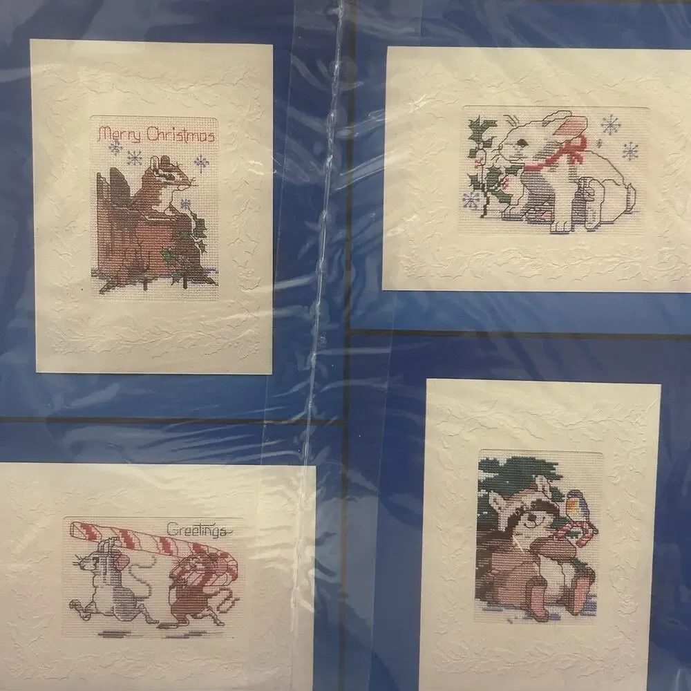 Current Critters Counted Cross Stitch Christmas Cards Kit Set of 4 Sz 5x7 VTG